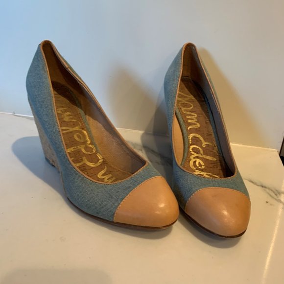 Denim raffia wedges with leather trim - Picture 9 of 9